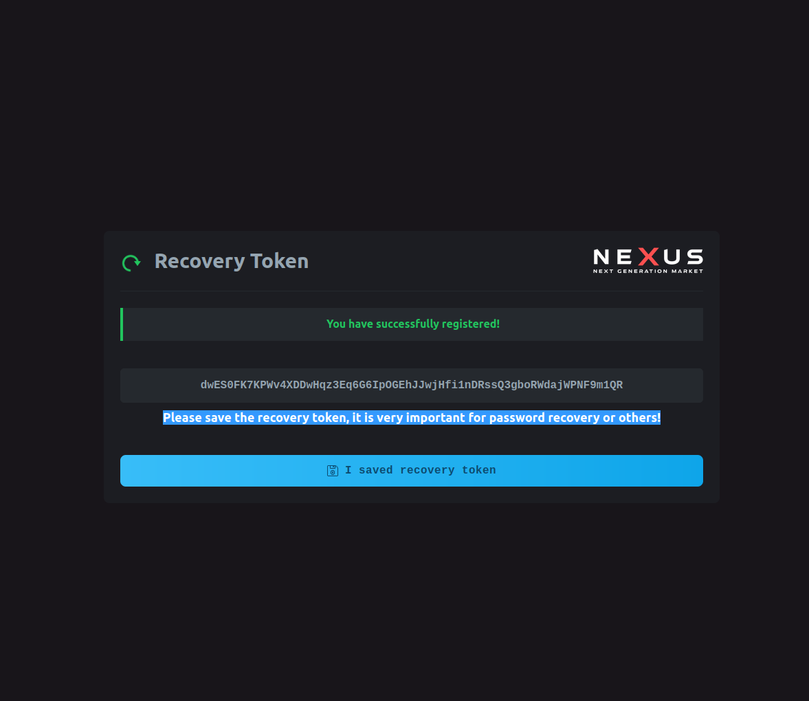 Example of Recovery Token interface showing secure token generation